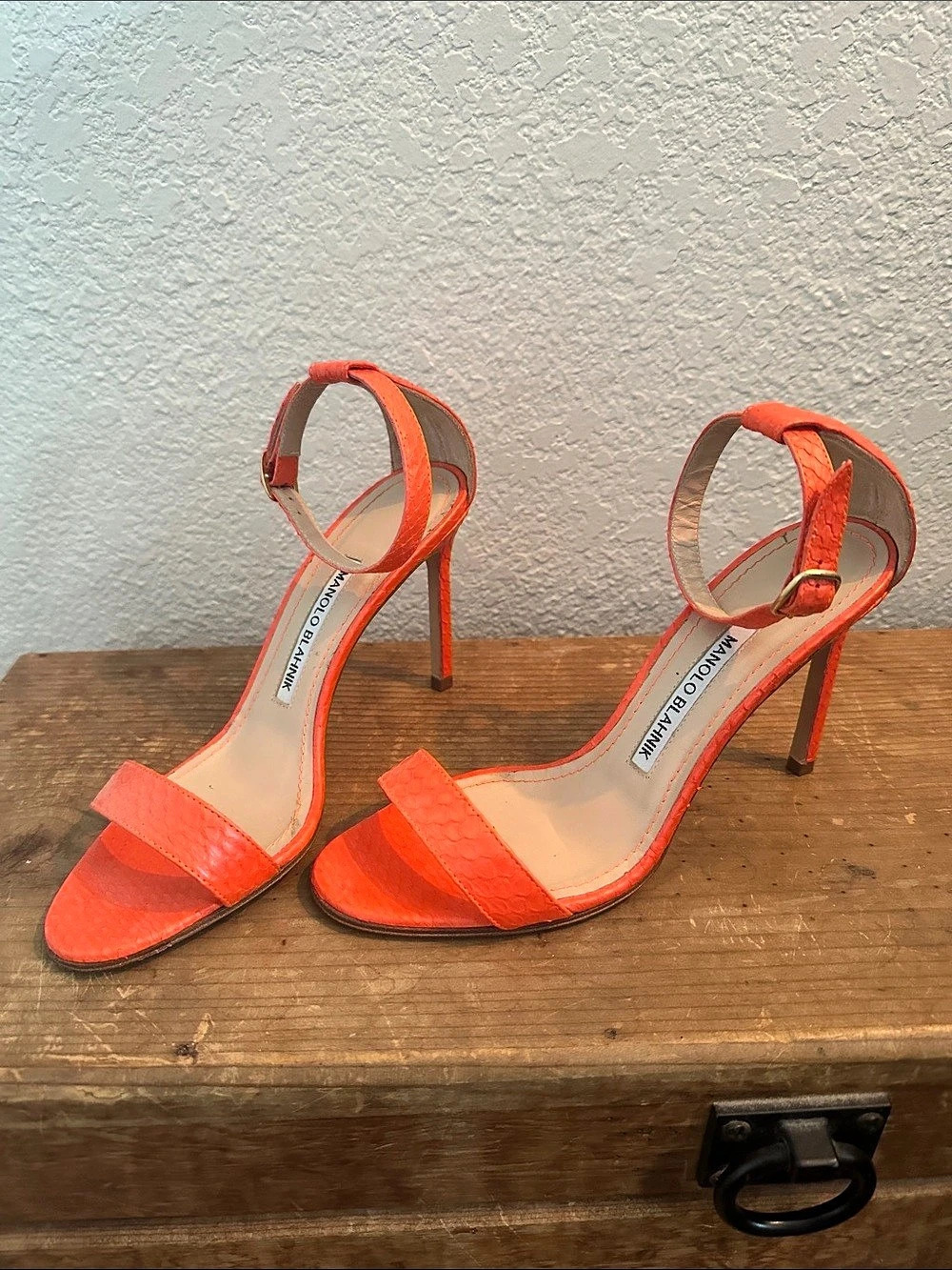 Manolo Blahnik Snakeskin Ankle Strap Sandal Chaos Orange Strappy Heels US 35 1/2